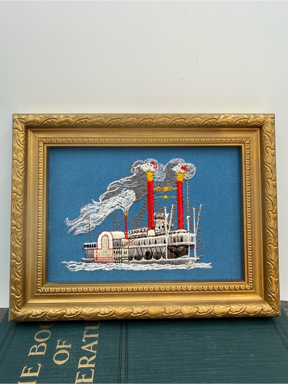 Vintage Framed Needlepoint Embroidered Steamboat 8x6